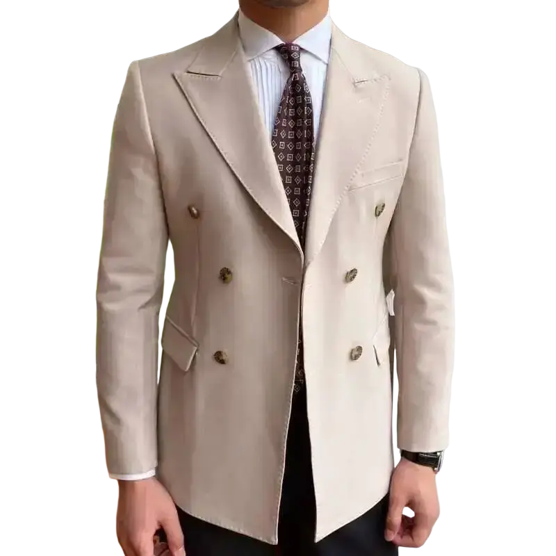 Beige double breasted slim fit blazer jacket with gold toned buttons and tailored fit for men