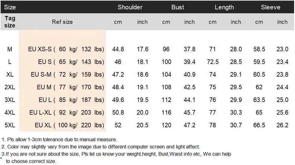 Size chart for double breasted slim fit blazer jacket in eu sizing showing measurements in cm and inch from m to 5xl