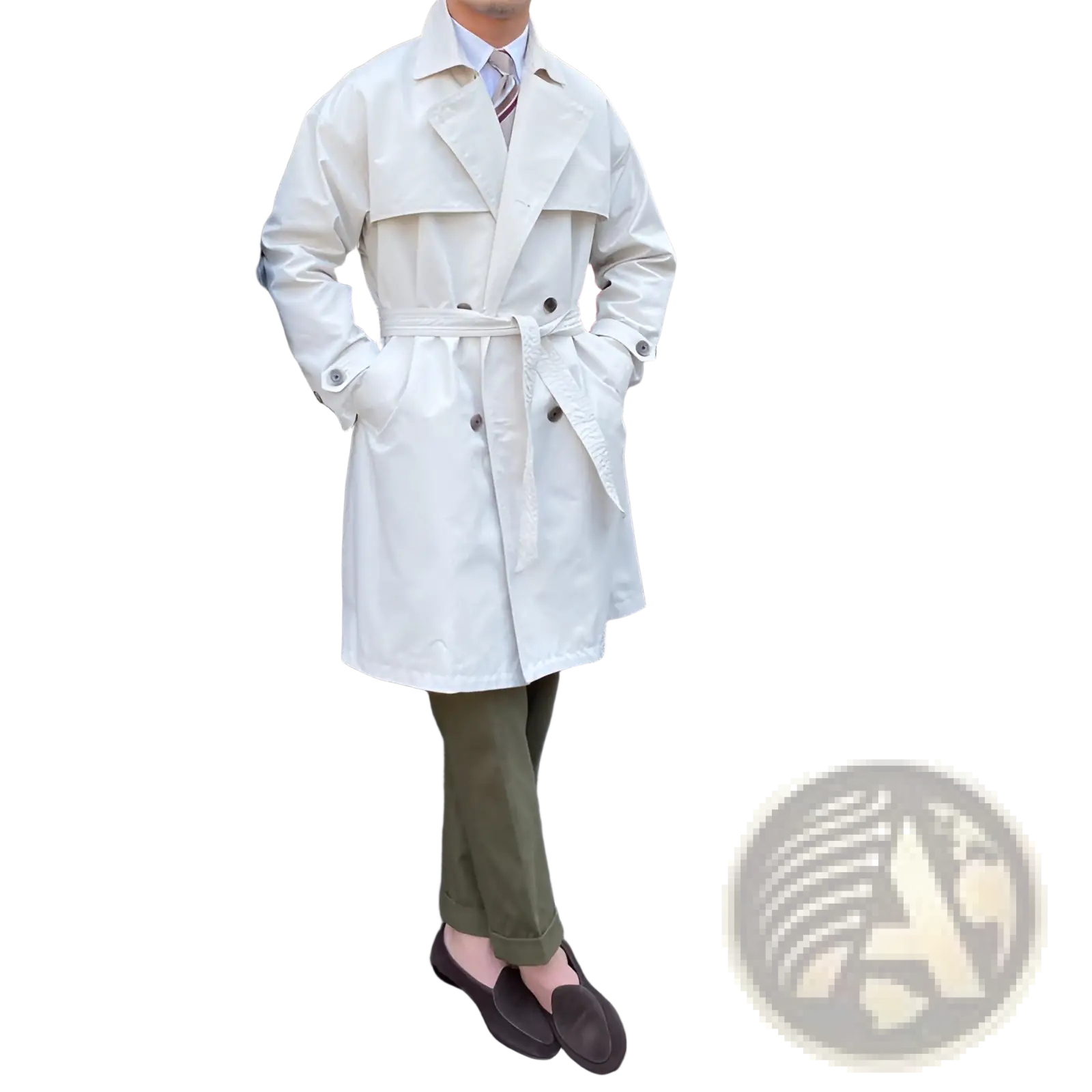 Cream-colored double breasted trench coat for men with belted waist in lightweight fabric for stylish outerwear