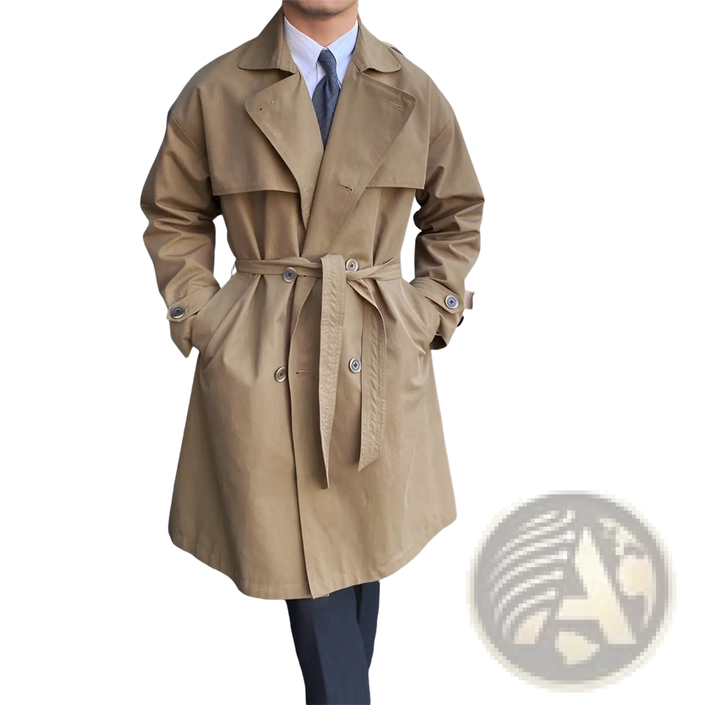 Beige double breasted trench coat for men with belted waist and classic design in durable material