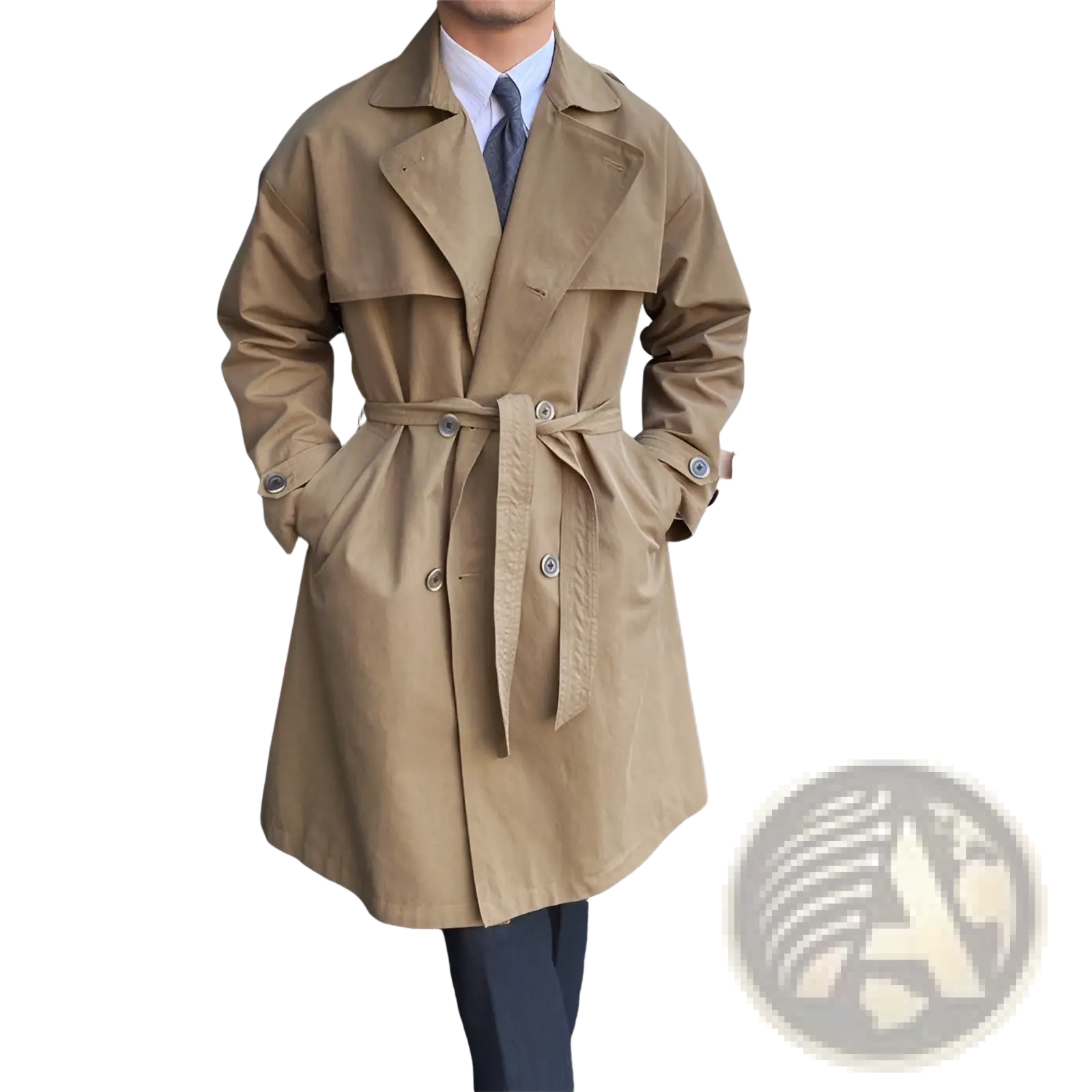 Beige double breasted trench coat for men with belted waist and classic design in durable material