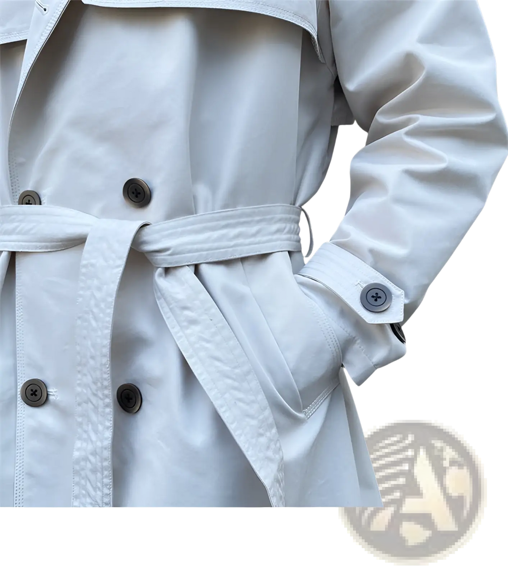 Double breasted trench coat for men in crisp white with belted waist and dark gray buttons