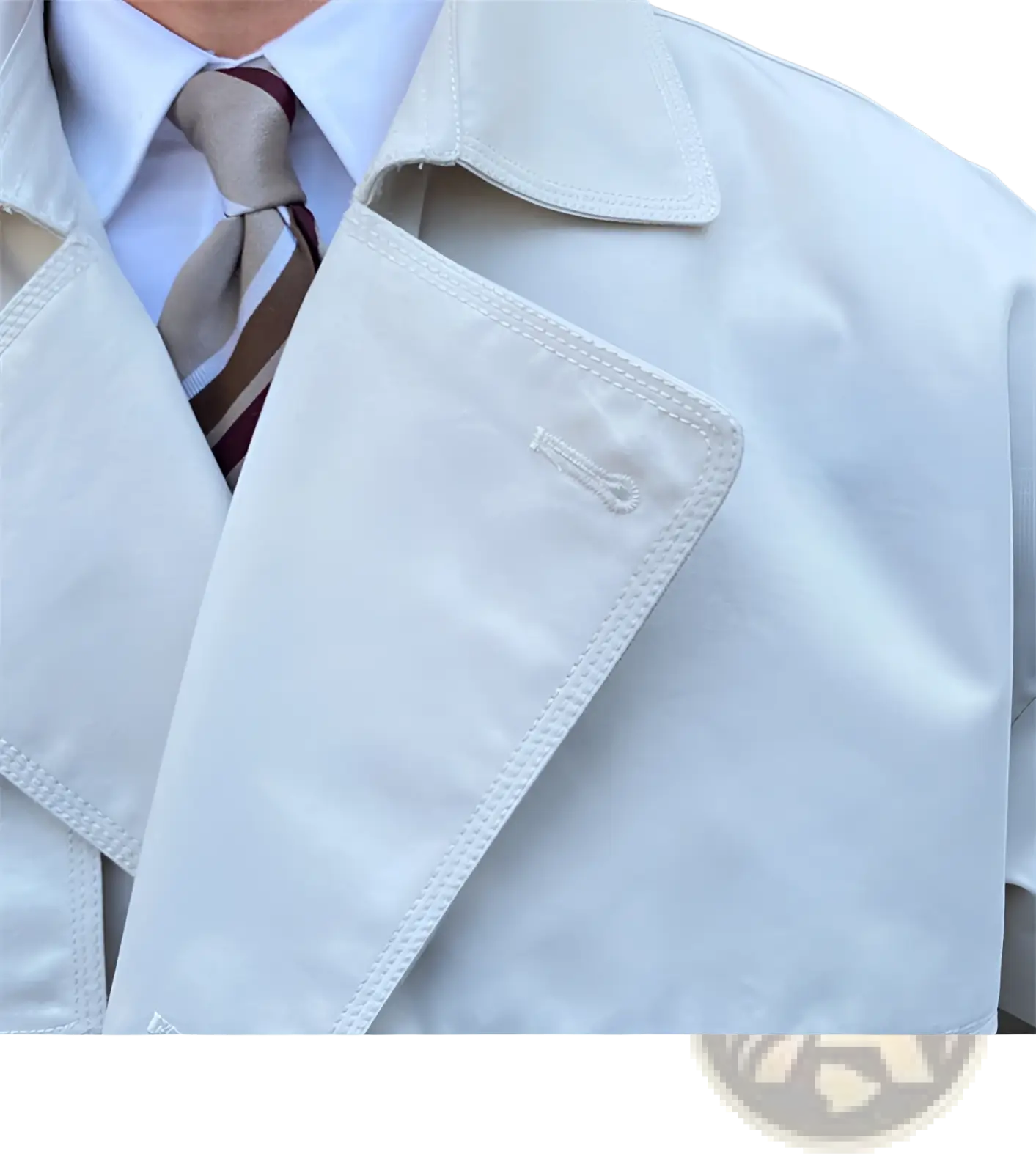 White double breasted trench coat for men with subtle sheen and neatly stitched collar detail