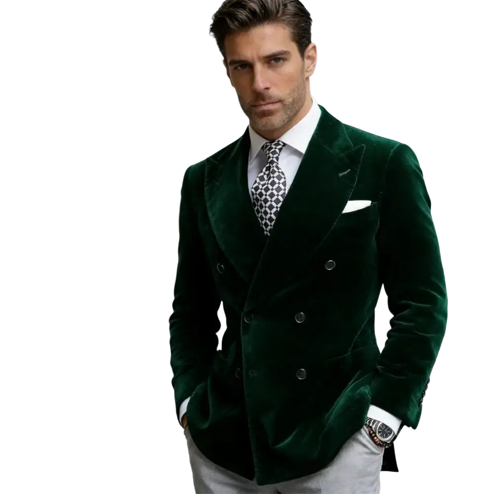 Emerald green velvet double breasted suit jacket with black buttons and white pocket square from ulbyanry official store