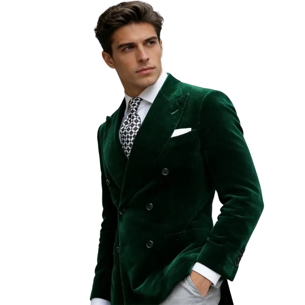 Emerald green double breasted velvet suit jacket with black buttons and white pocket square from ulbyanry official store customer service