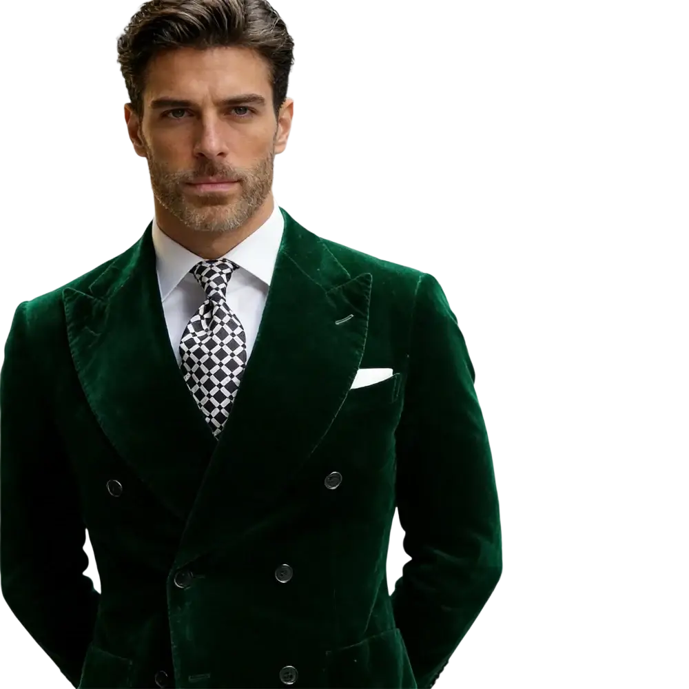 Deep emerald green double breasted velvet suit jacket with silver buttons and white pocket square from ulbyanry official store customer service