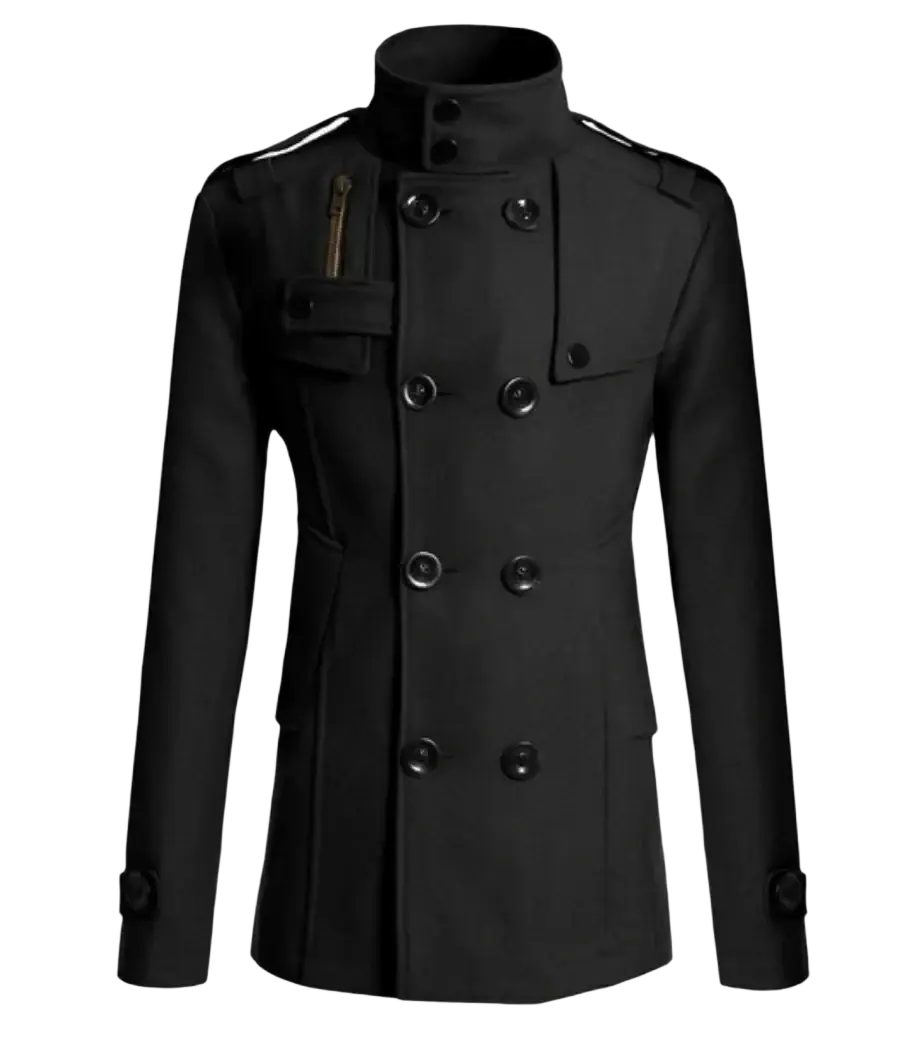 Black double breasted warm woolen coat for men with high collar epaulets and dark buttons woolen jacket