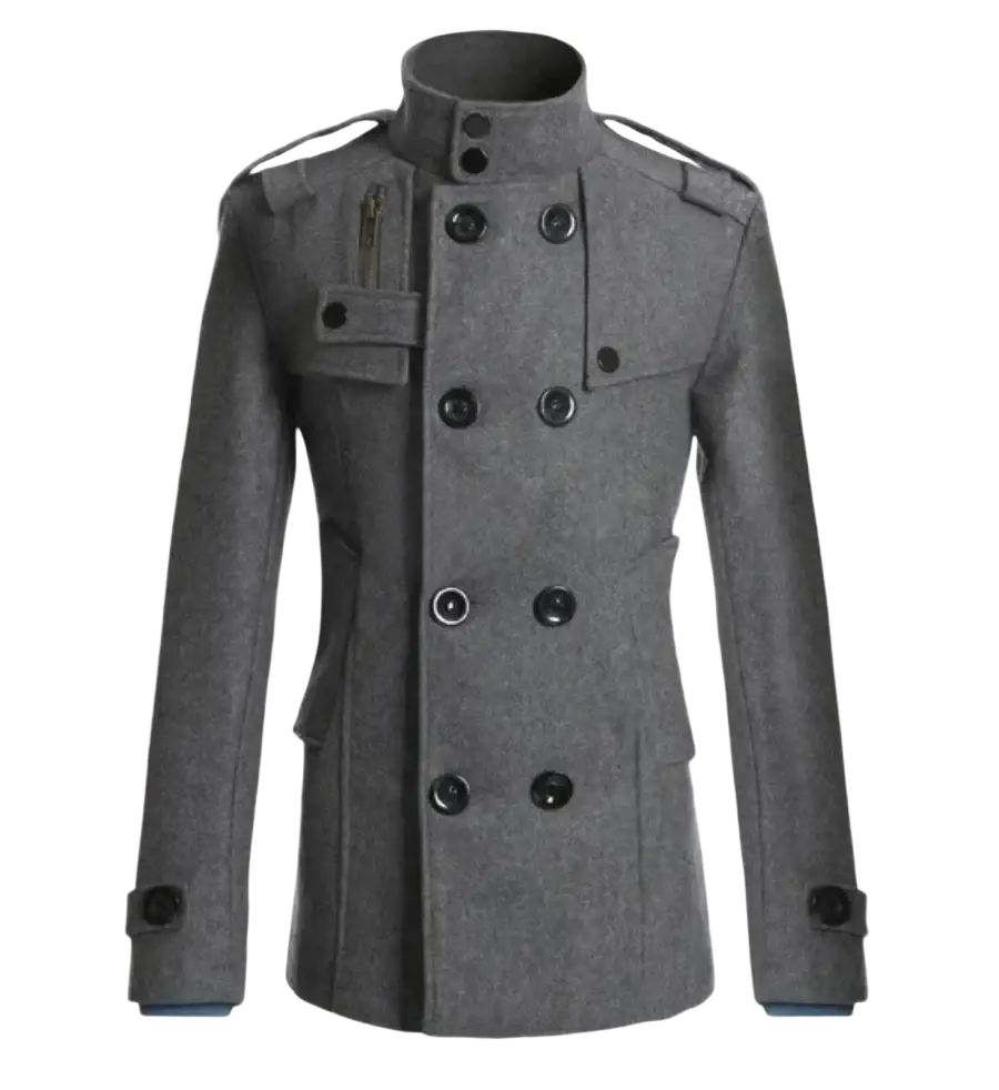 Double breasted warm woolen coat for men in gray with black buttons and shoulder straps ideal as a woolen jacket