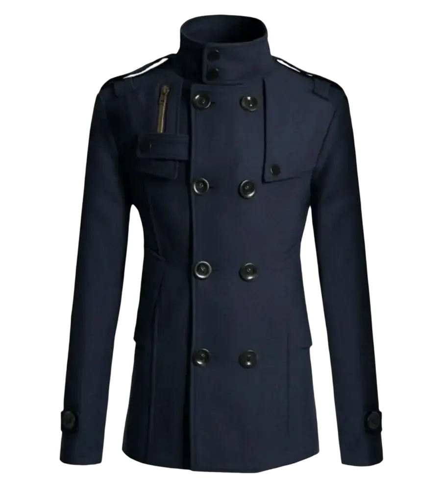 Navy blue double breasted warm woolen coat for men with black buttons and shoulder epaulets woolen jacket