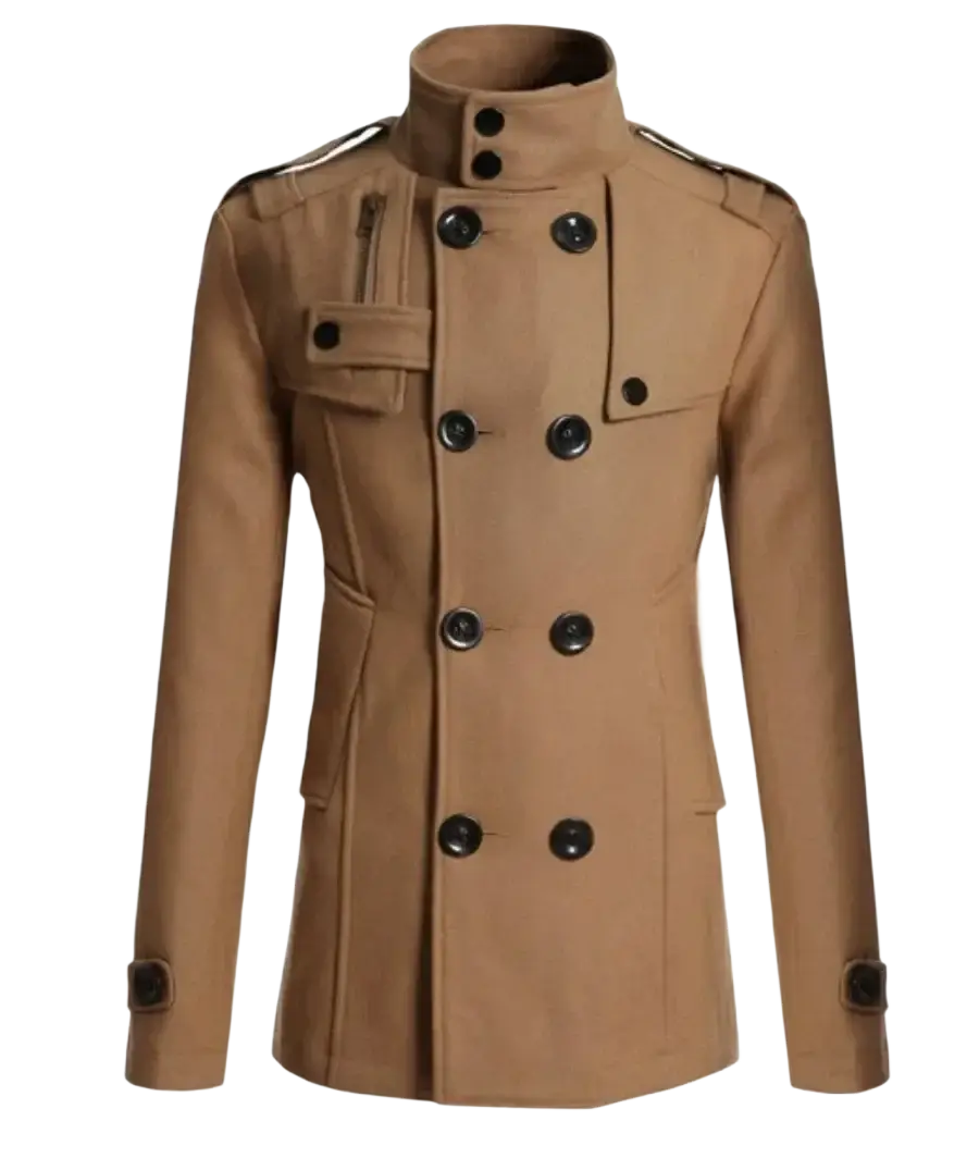 Tan double breasted warm woolen coat for men with black buttons and shoulder epaulets woolen jacket