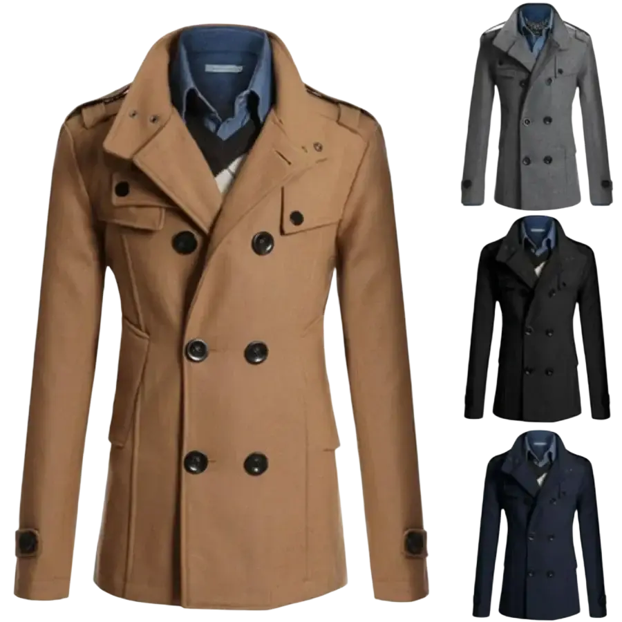 Tan double breasted warm woolen coat for men with black buttons and a notched collar woolen jacket