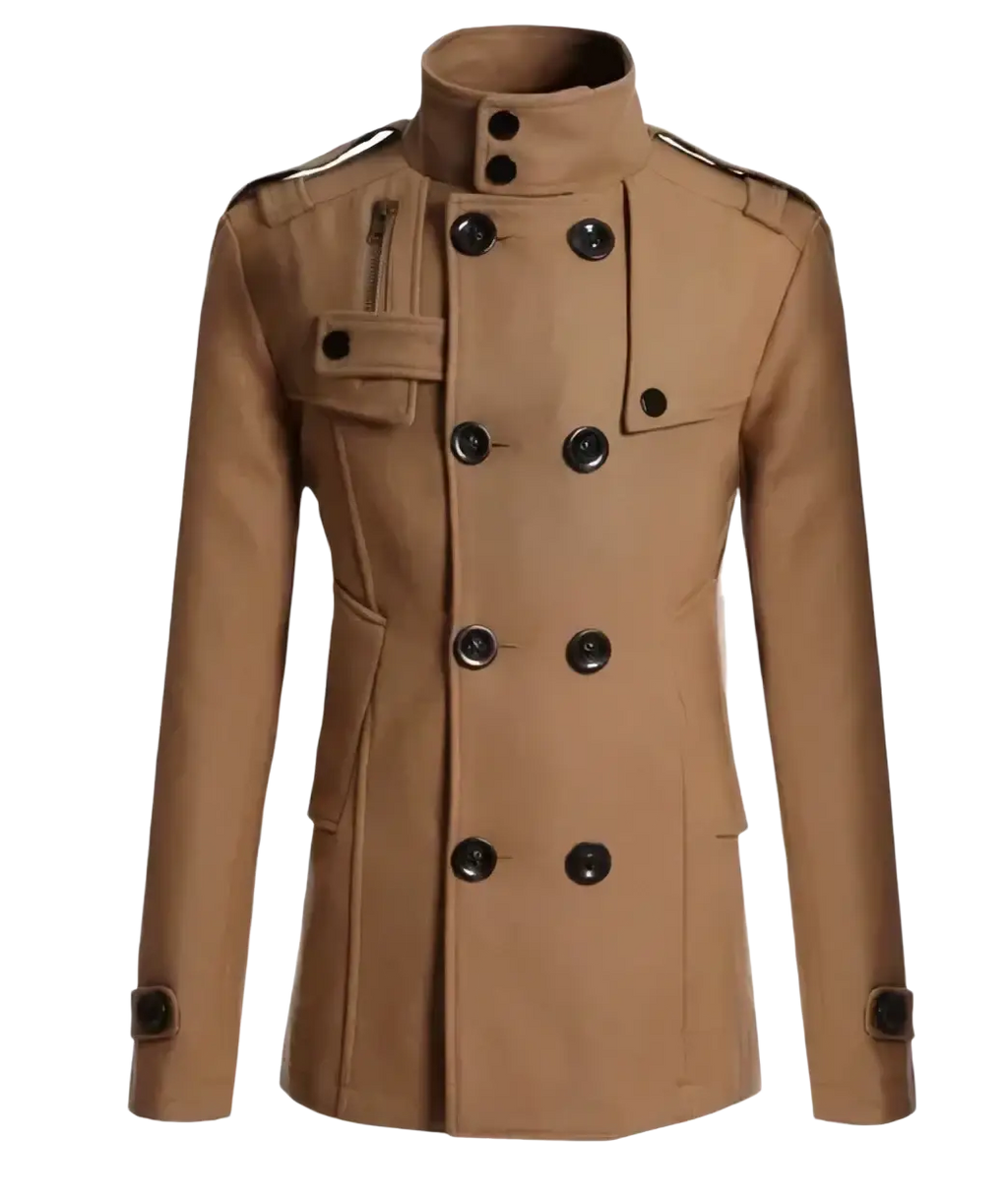 Tan double breasted warm woolen coat for men with black buttons and epaulets designed as a woolen jacket