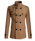 Tan double breasted warm woolen coat for men with black buttons and epaulets designed as a woolen jacket