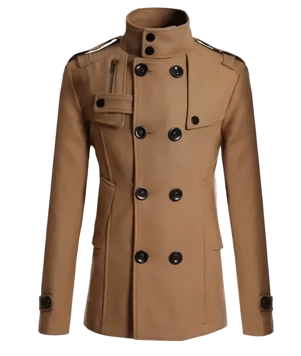 Tan double breasted warm woolen coat for men with black buttons and epaulets designed as a woolen jacket