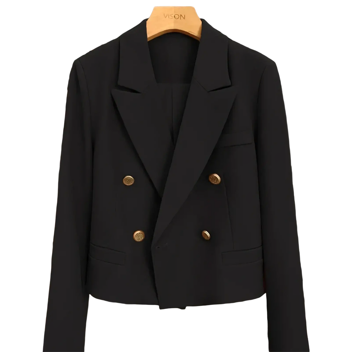 Black double breasted women office blazer with gold toned buttons and tailored fit for professional wear