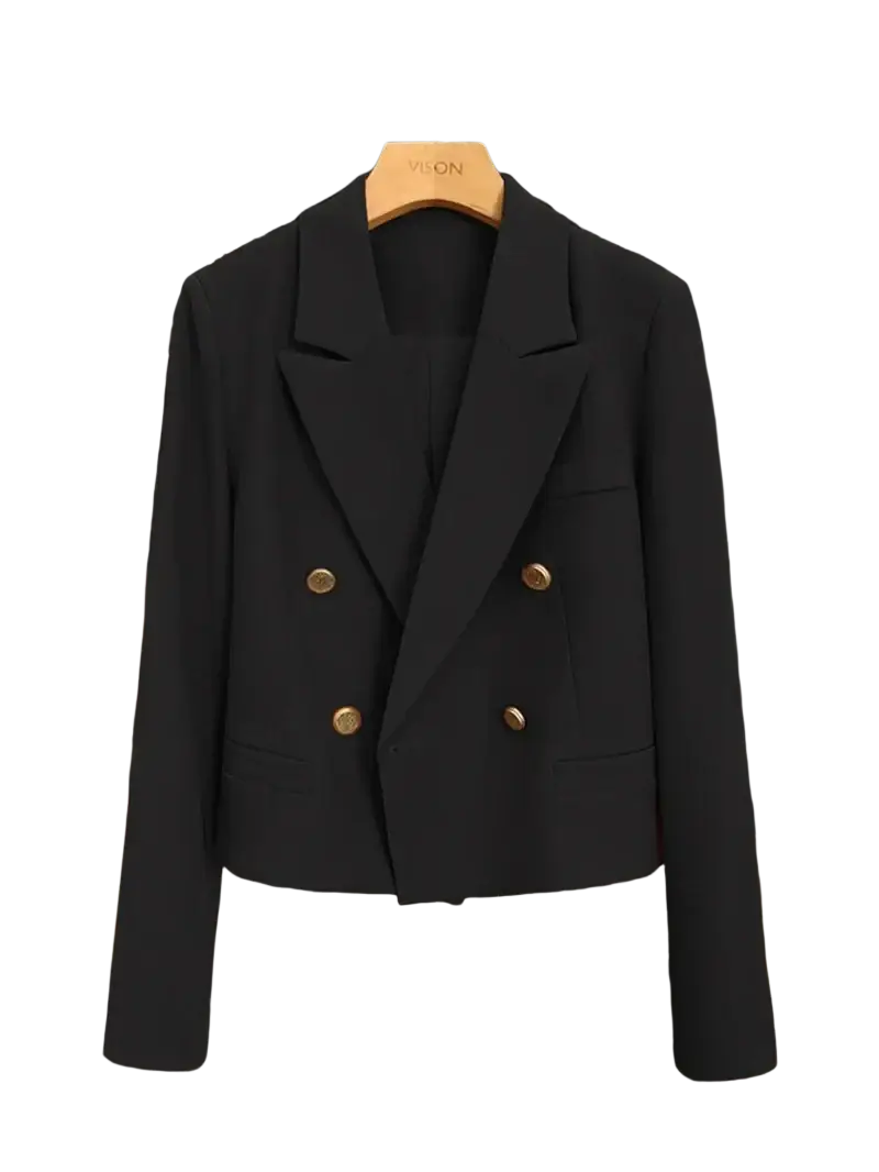 Black double breasted women office blazer with gold tone buttons for professional and formal wear