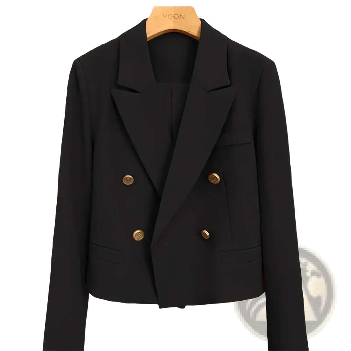Black double breasted women office blazer with gold toned buttons and tailored fit for professional wear