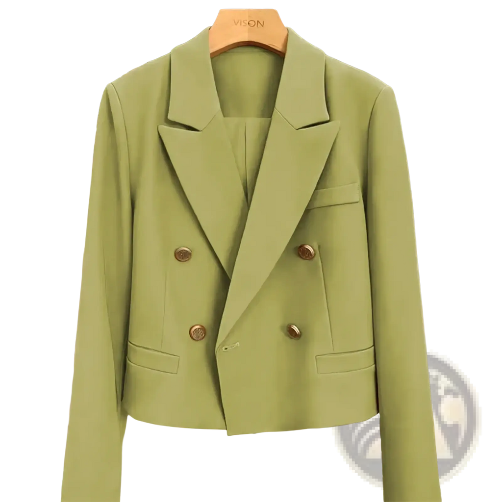 A sleek olive green double-breasted women office blazer with gold toned buttons and tailored fit on wooden hanger