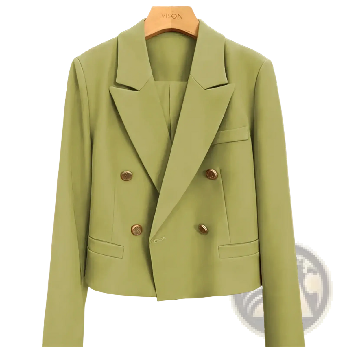 A sleek olive green double-breasted women office blazer with gold toned buttons and tailored fit on wooden hanger