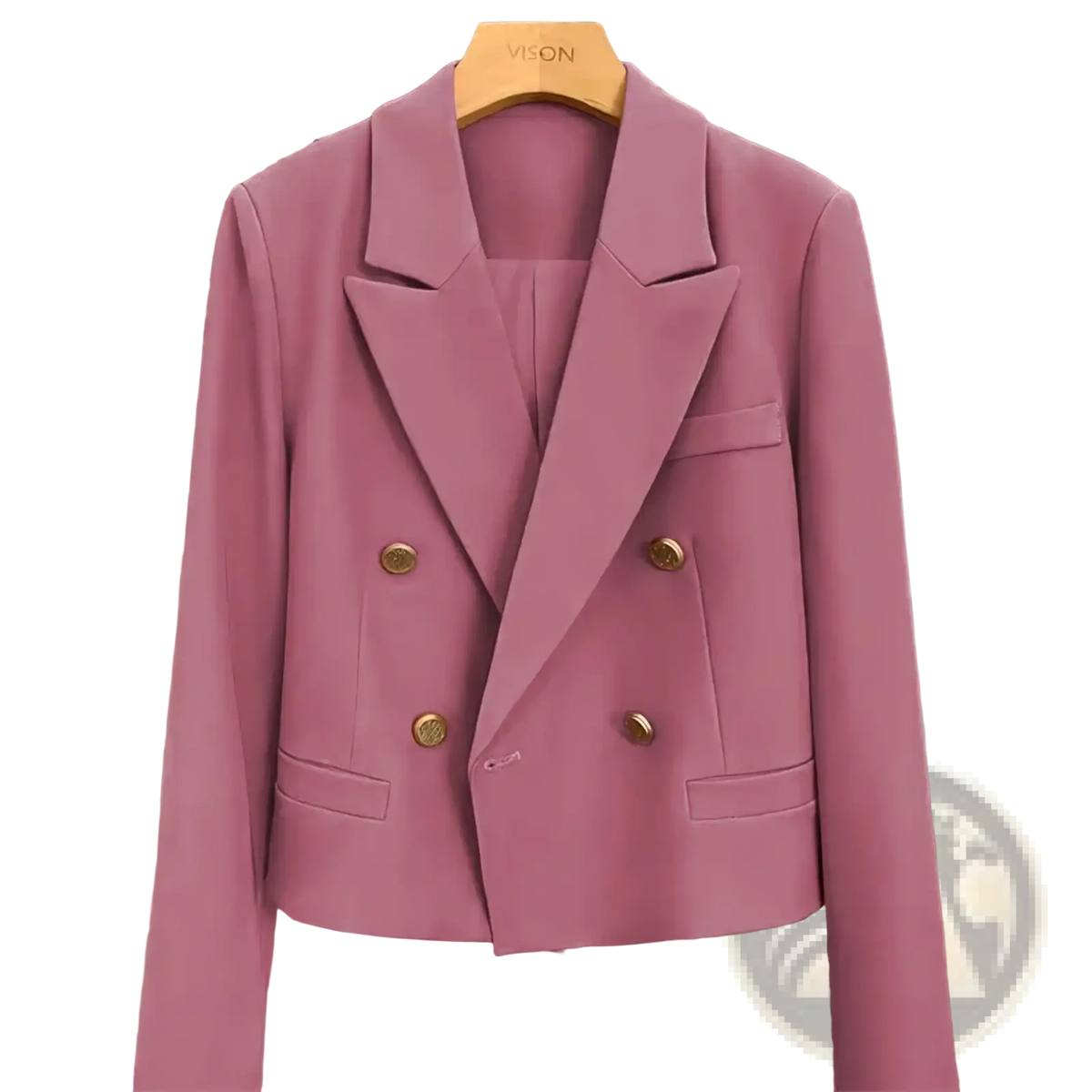 A sleek dusty rose double breasted women office blazer with gold toned buttons and a tailored fit