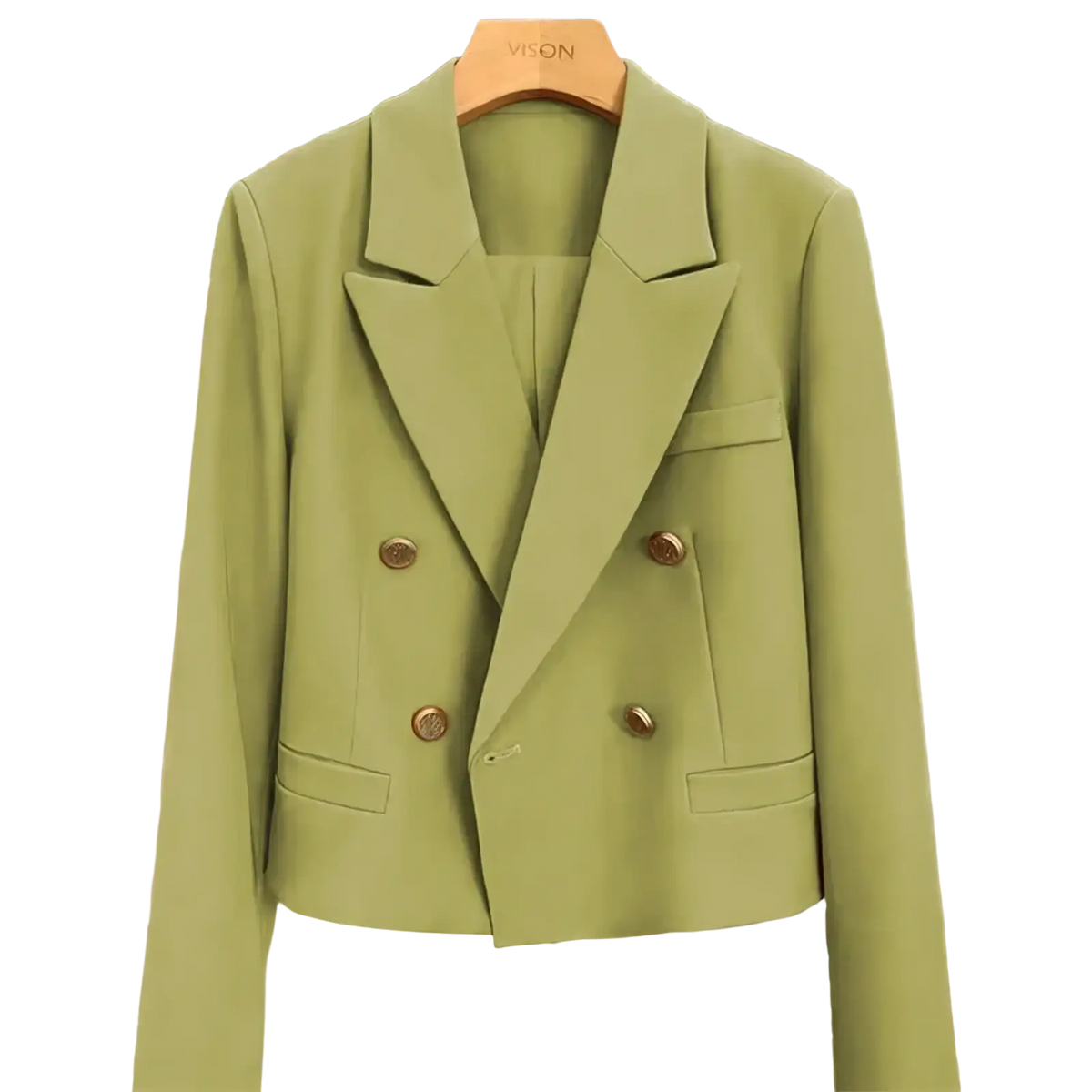 A sleek olive green double-breasted women office blazer with gold toned buttons and tailored fit on wooden hanger