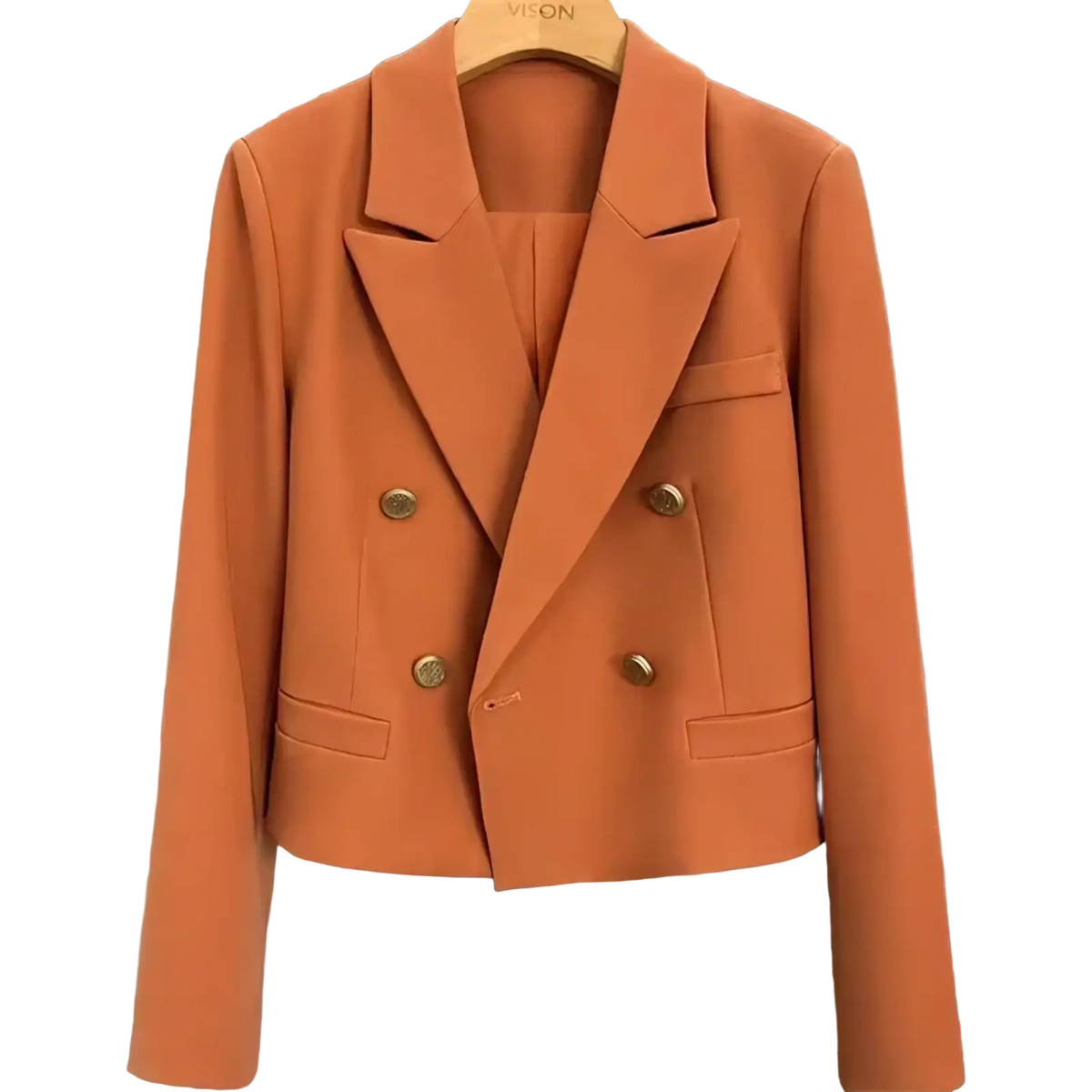 A sleek orange double breasted women office blazer with gold toned buttons and a tailored fit