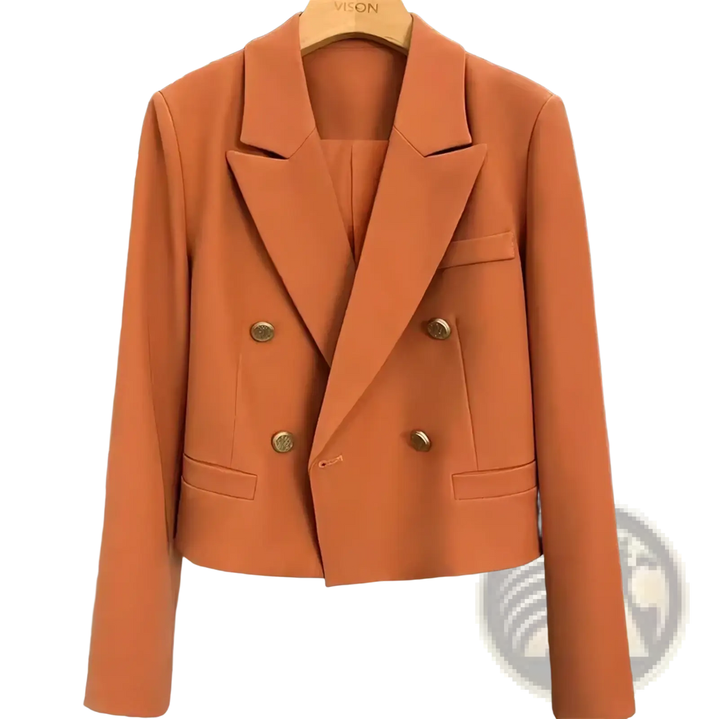 A sleek orange double breasted women office blazer with gold toned buttons and a tailored fit