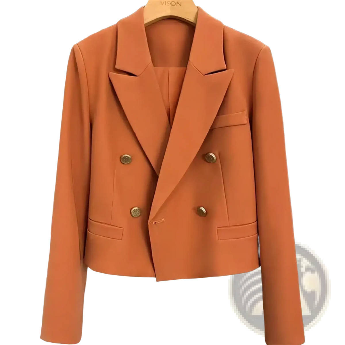 A sleek orange double breasted women office blazer with gold toned buttons and a tailored fit