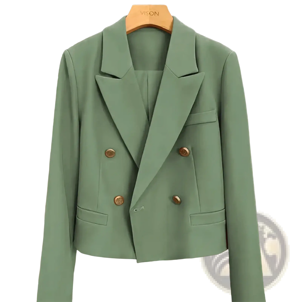 A sleek sage green double breasted women office blazer with tailored fit and gold toned buttons