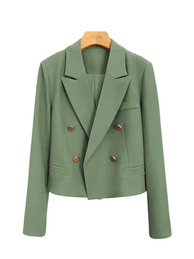 A sleek sage green double breasted women office blazer with gold toned buttons and tailored fit