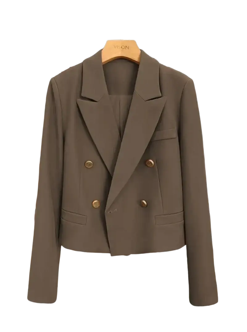 Double breasted women office blazer in taupe with gold-toned buttons and tailored fit for professional wear