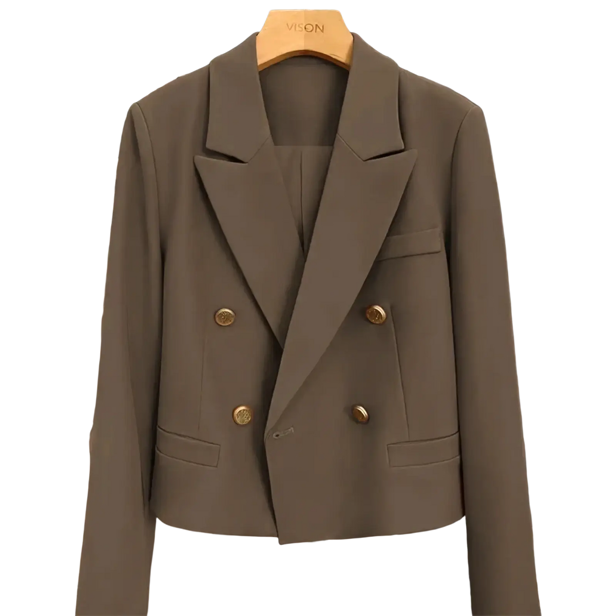 Double breasted women office blazer in taupe with gold-toned buttons and tailored fit for professional wear