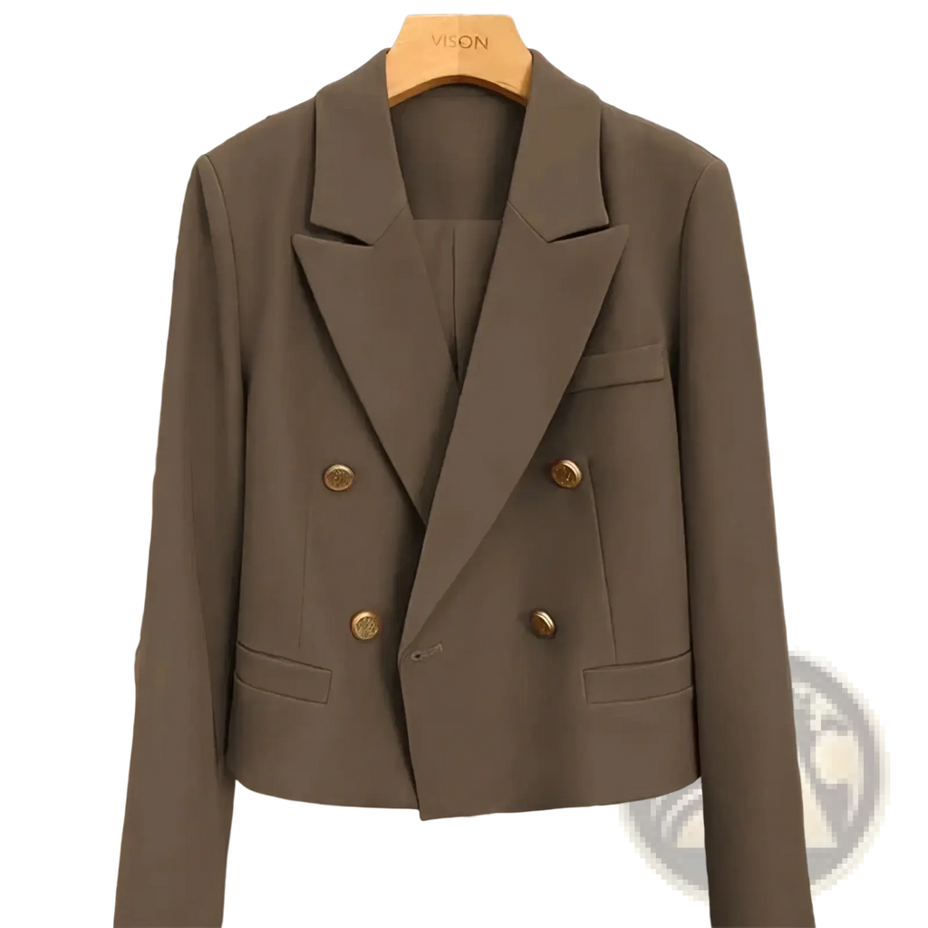 Double breasted women office blazer in taupe with gold-toned buttons and tailored fit for professional wear