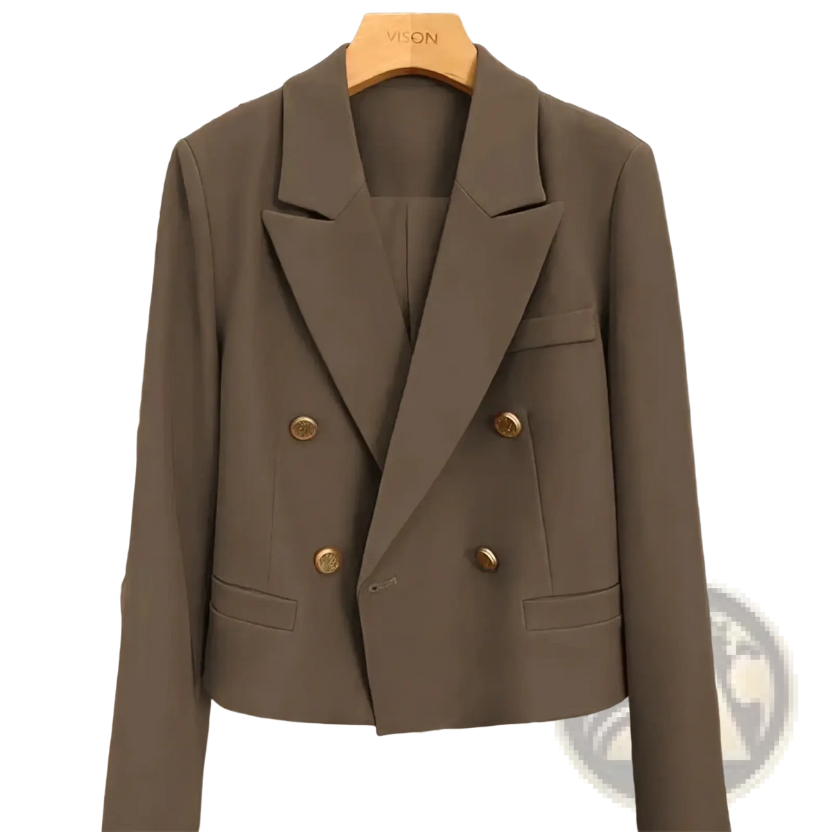 Double breasted women office blazer in taupe with gold-toned buttons and tailored fit for professional wear