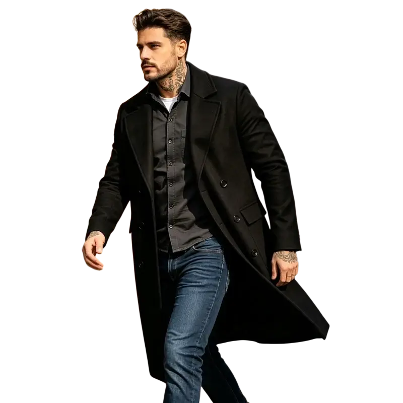 Black double breasted wool blend slim fit overcoat with classic tailored fit and notched lapels for formal wear