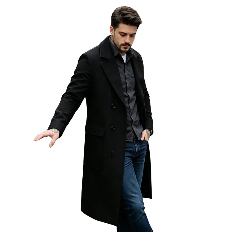 Black slim fit double breasted wool blend overcoat with notched lapels for formal and casual wear