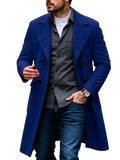 A rich royal blue slim fit double breasted wool blend overcoat with black buttons for formal wear