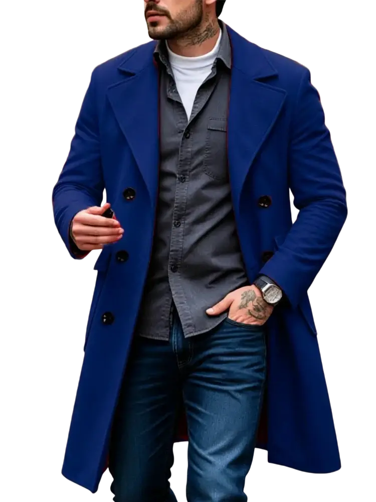 A rich royal blue slim fit double breasted wool blend overcoat with black buttons for formal wear