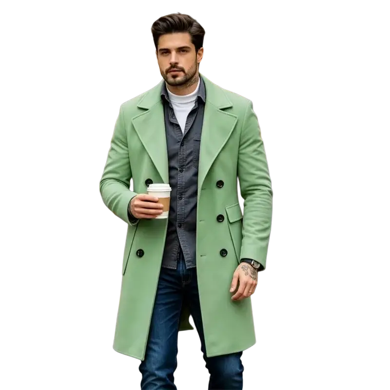 Slim fit double breasted wool blend overcoat in soft mint green with black buttons and smooth wool fabric