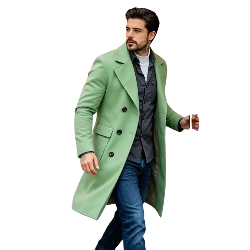 A slim fit double breasted green wool blend overcoat with black buttons and classic design for stylish men