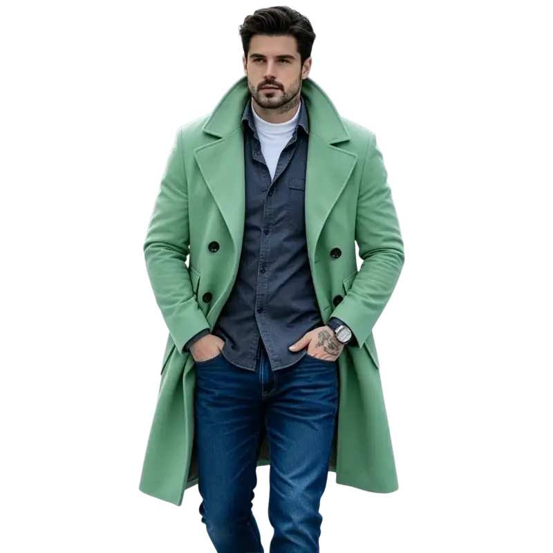 A slim fit double breasted long green wool blend overcoat with black buttons and classic design for men