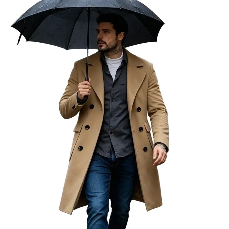A man walks in the rain wearing a tan double breasted slim fit wool blend trench coat holding a black umbrella