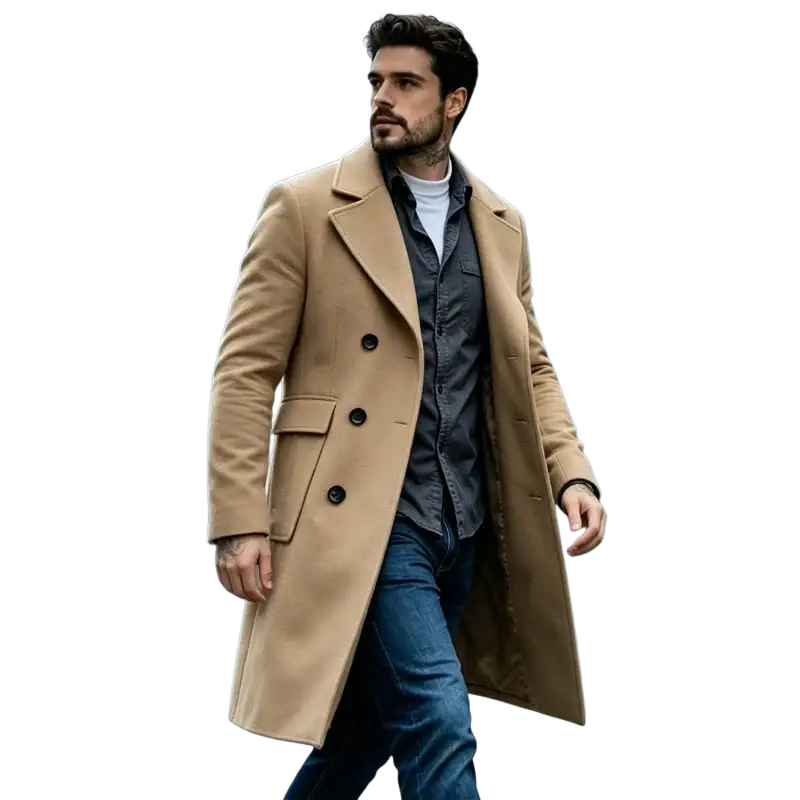 A stylish camel-colored slim fit double breasted wool blend trench coat with black buttons and flap pockets