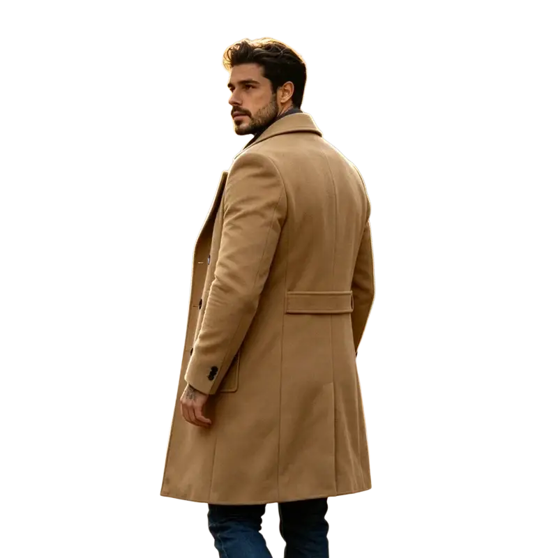 A tan slim fit double breasted wool blend overcoat with classic notched lapels and trench coat styling