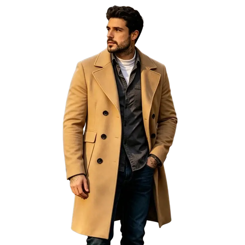 A tan slim fit double breasted wool blend overcoat with black buttons in a classic trench coat design