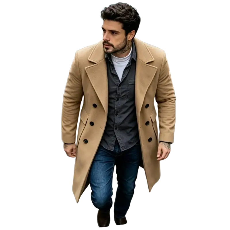 Tan slim fit double breasted wool blend trench coat featuring black buttons for stylish outerwear protection