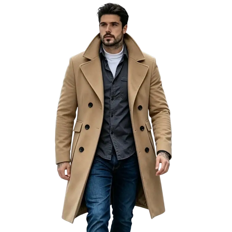 A tan double breasted slim fit wool blend overcoat with black buttons and a notched collar