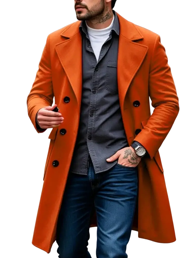 Vibrant orange slim fit double breasted wool blend trench coat with black buttons for stylish outerwear