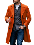 Vibrant orange slim fit double breasted wool blend trench coat with black buttons for stylish outerwear
