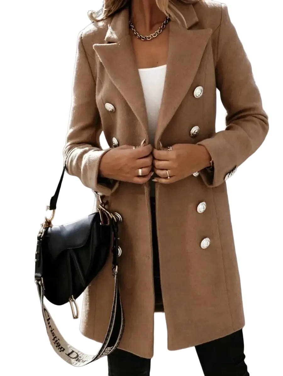 Beige double breasted wool coat for women featuring silver toned buttons for a stylish cold weather look